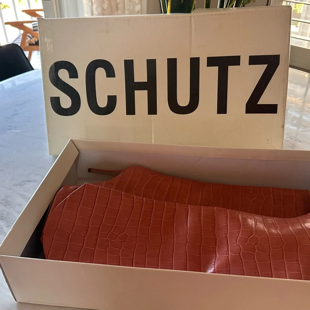 SCHUTZ Women's Croc-Embossed Coral Heeled Boots - Picture 3 of 9